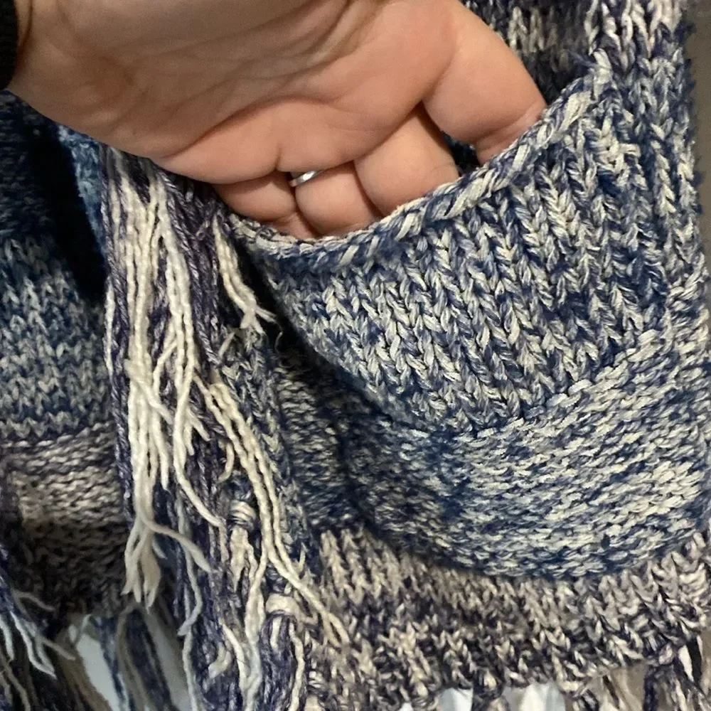 American Eagle Shades of Blue Fringe Knit Hooded Open Sweater Shrug Size L/XL